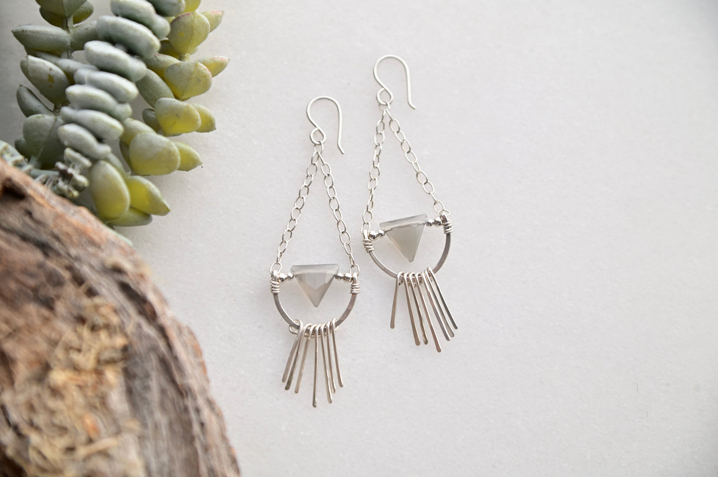 Hammered Hoops: Gray Moonstone + Silver Earrings