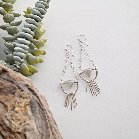 Hammered Hoops: Gray Moonstone + Silver Earrings