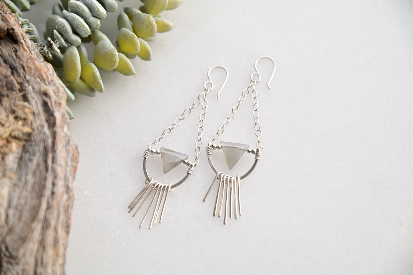 Hammered Hoops: Gray Moonstone + Silver Earrings