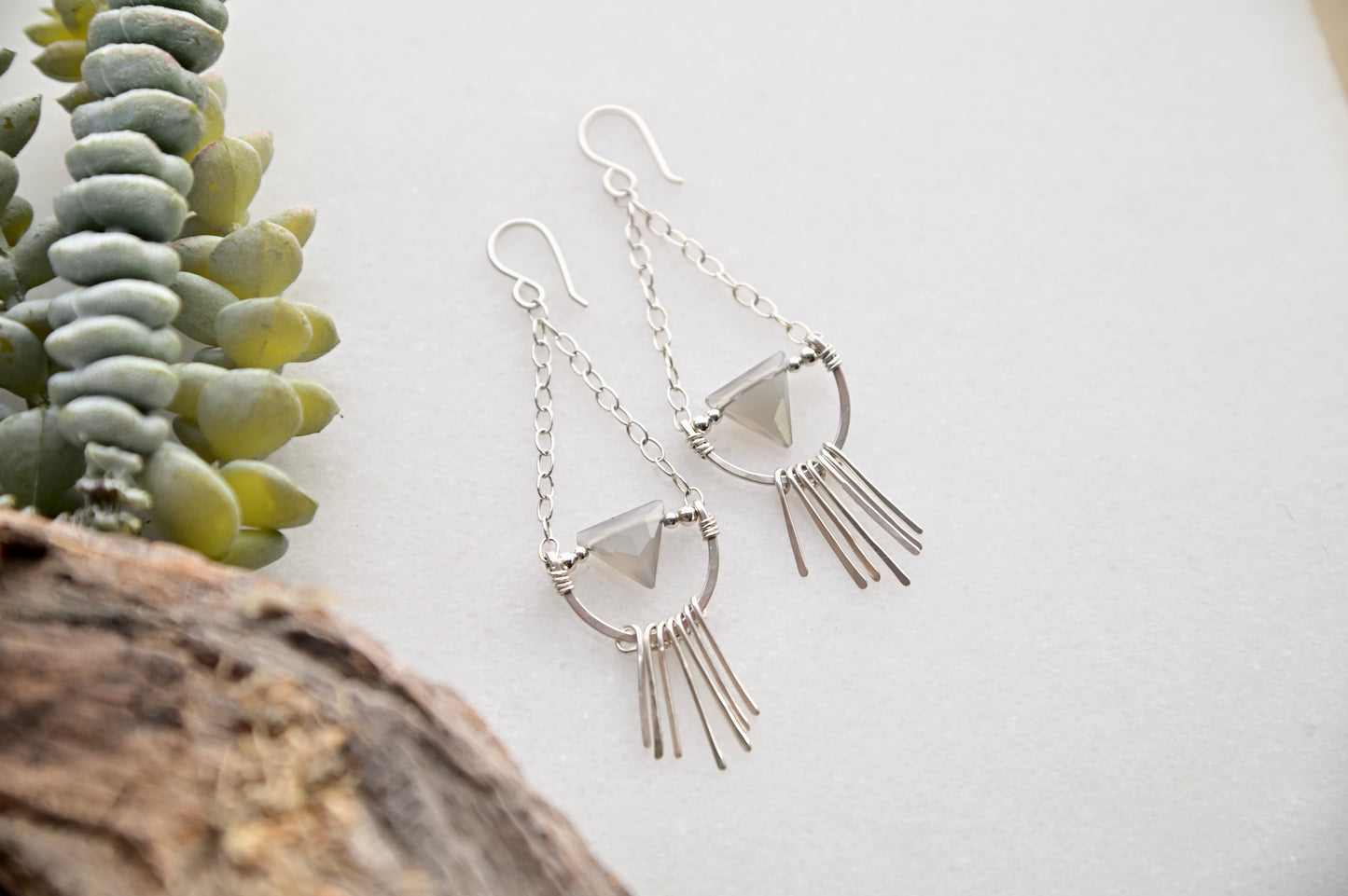 Hammered Hoops: Gray Moonstone + Silver Earrings