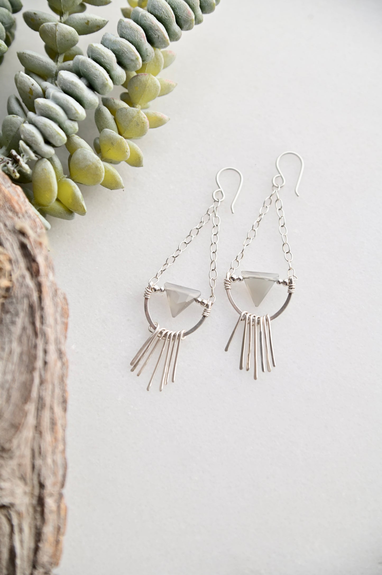 Hammered Hoops: Gray Moonstone + Silver Earrings