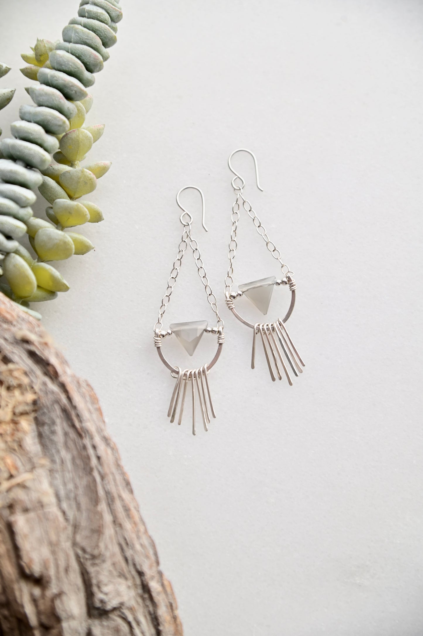 Hammered Hoops: Gray Moonstone + Silver Earrings