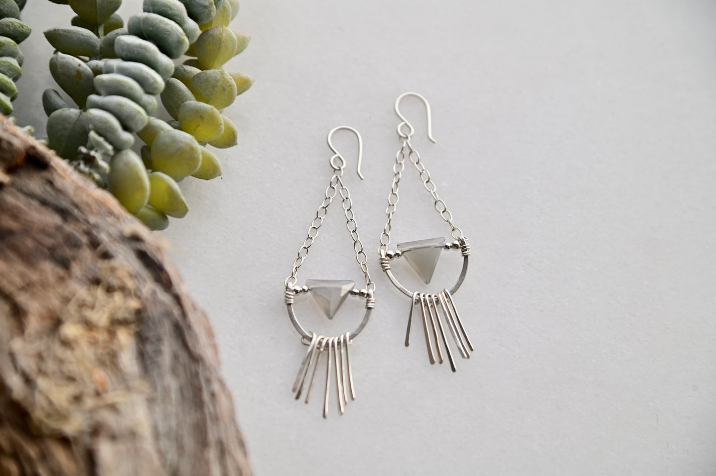 Hammered Hoops: Gray Moonstone + Silver Earrings