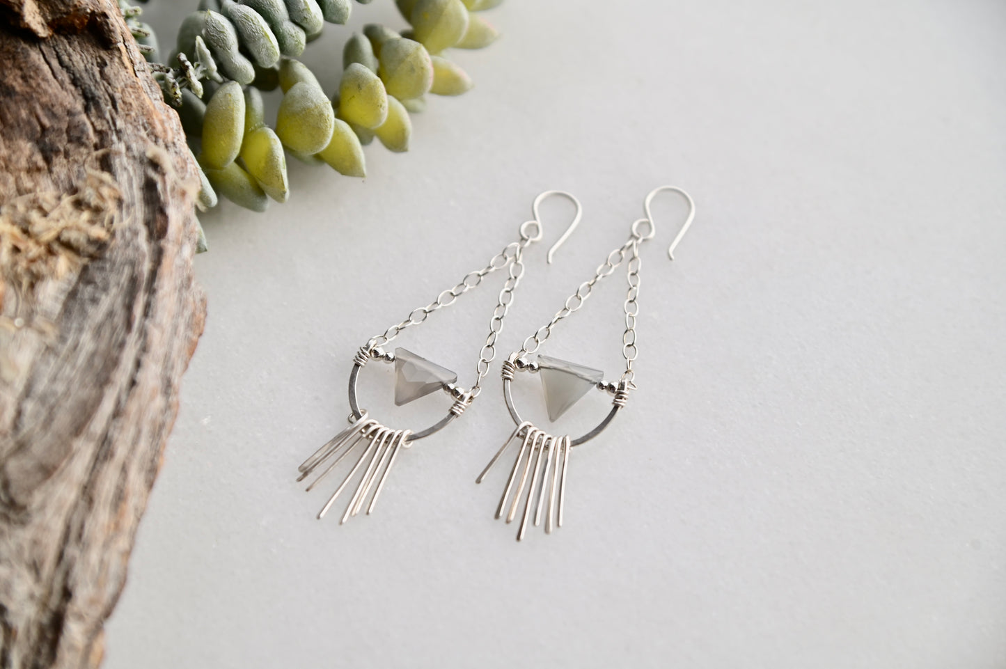 Hammered Hoops: Gray Moonstone + Silver Earrings