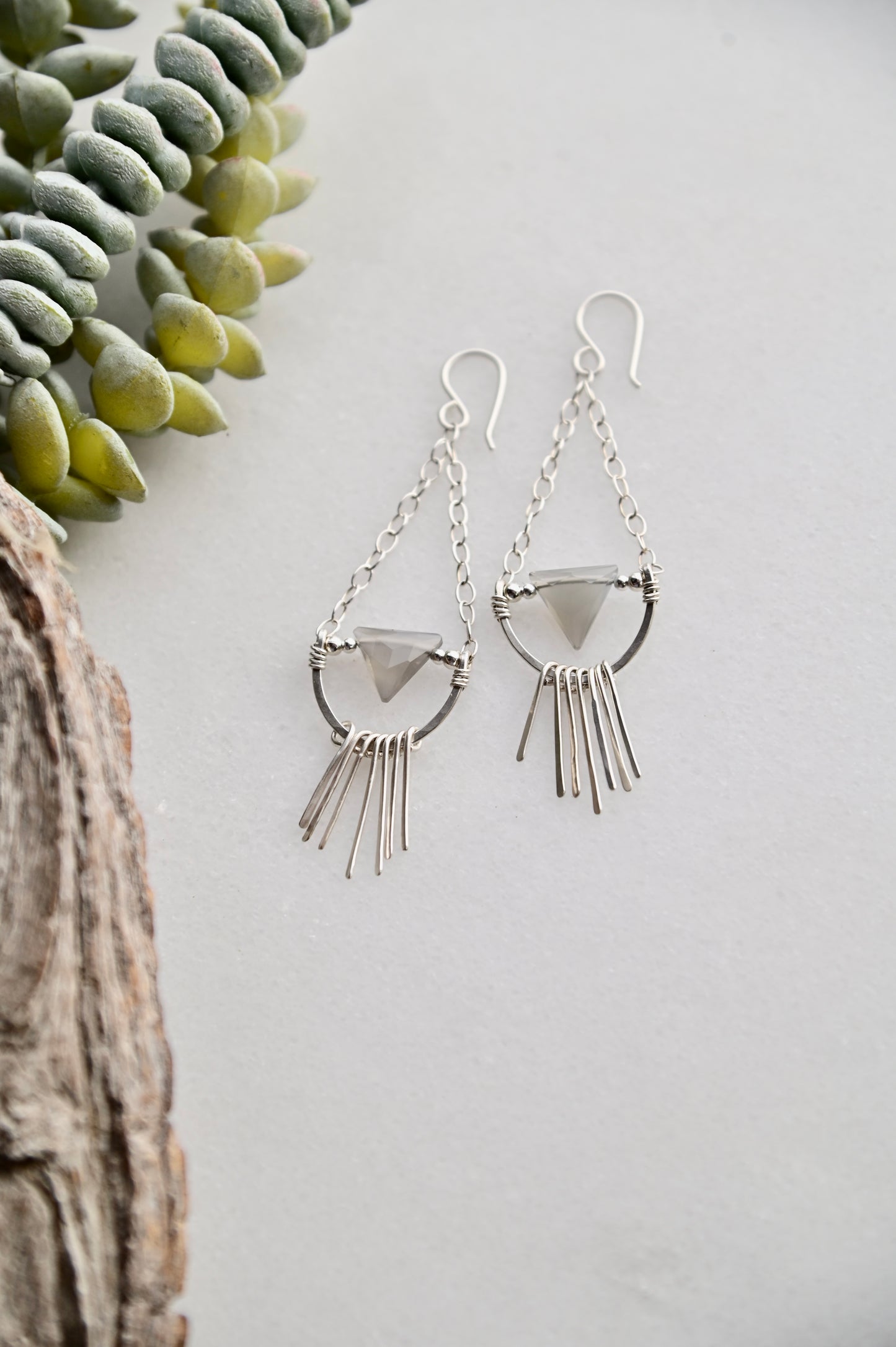 Hammered Hoops: Gray Moonstone + Silver Earrings